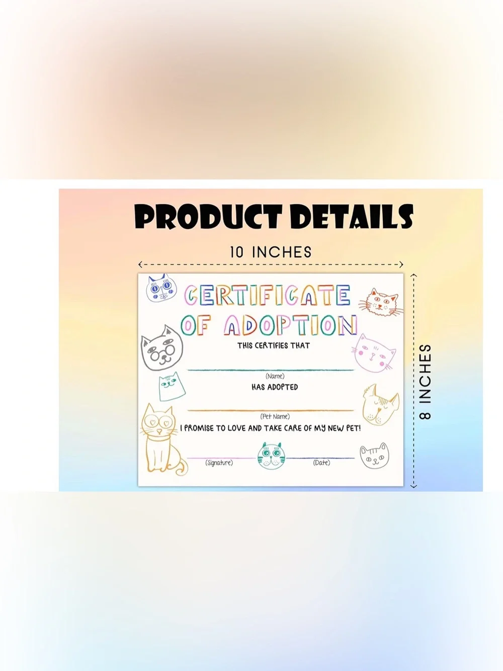 Certificate of Adoption Printable - Colorful Cat Design-Set of 3